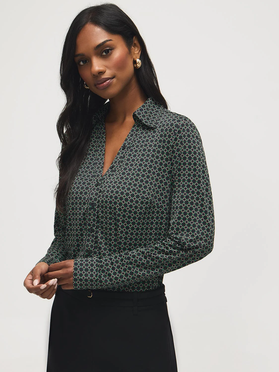 Printed Johnny Collar Button-Front Blouse - Image 3