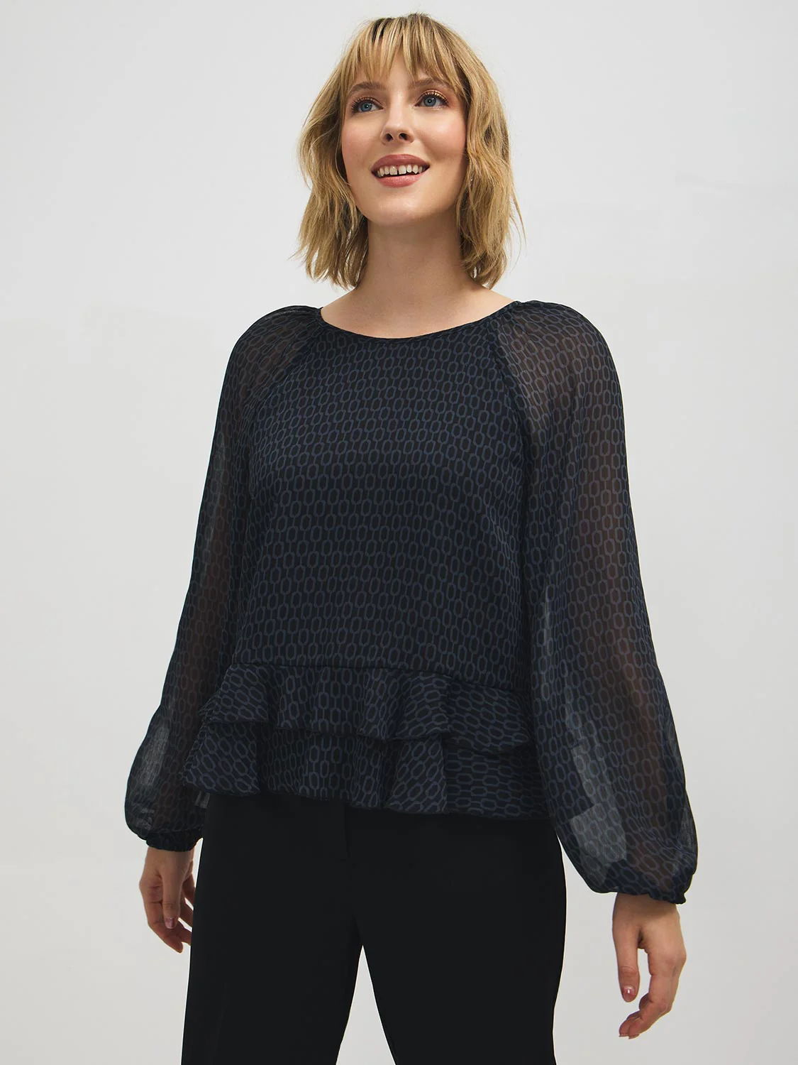 Geo Print Ruffle Hem Blouse