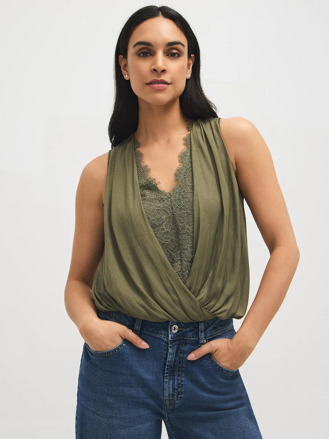 Lace Crossover Satin-Like Top - Image 8