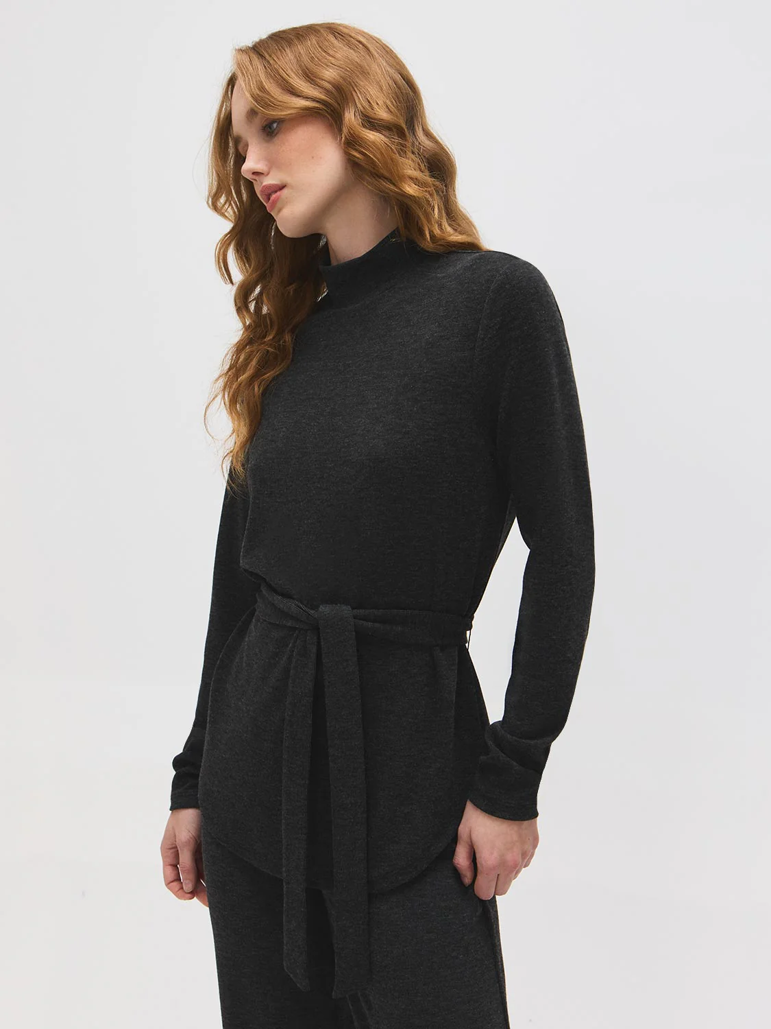 Mock Neck Melange Ribbed Tunic Top - Image 2