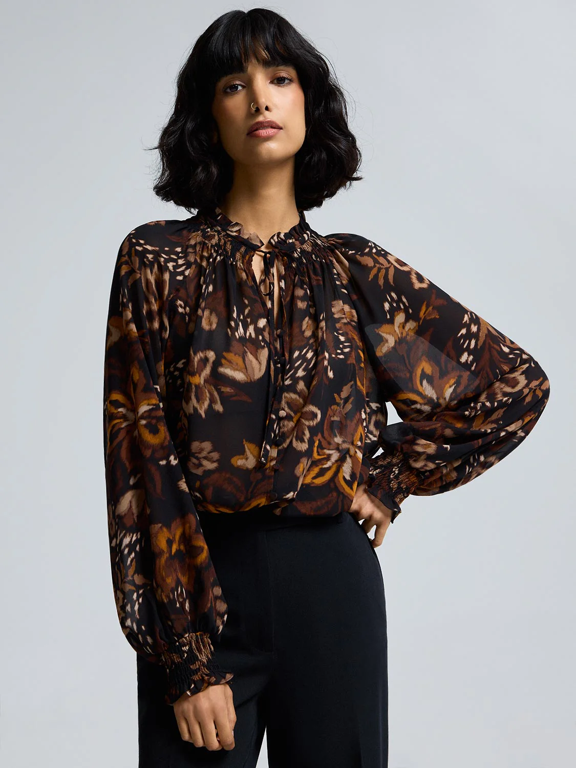 Floral Smocked Neck Chiffon Blouse - Image 2
