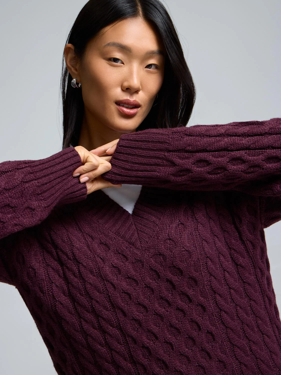 V-Neck Cable Knit Sweater - Image 11