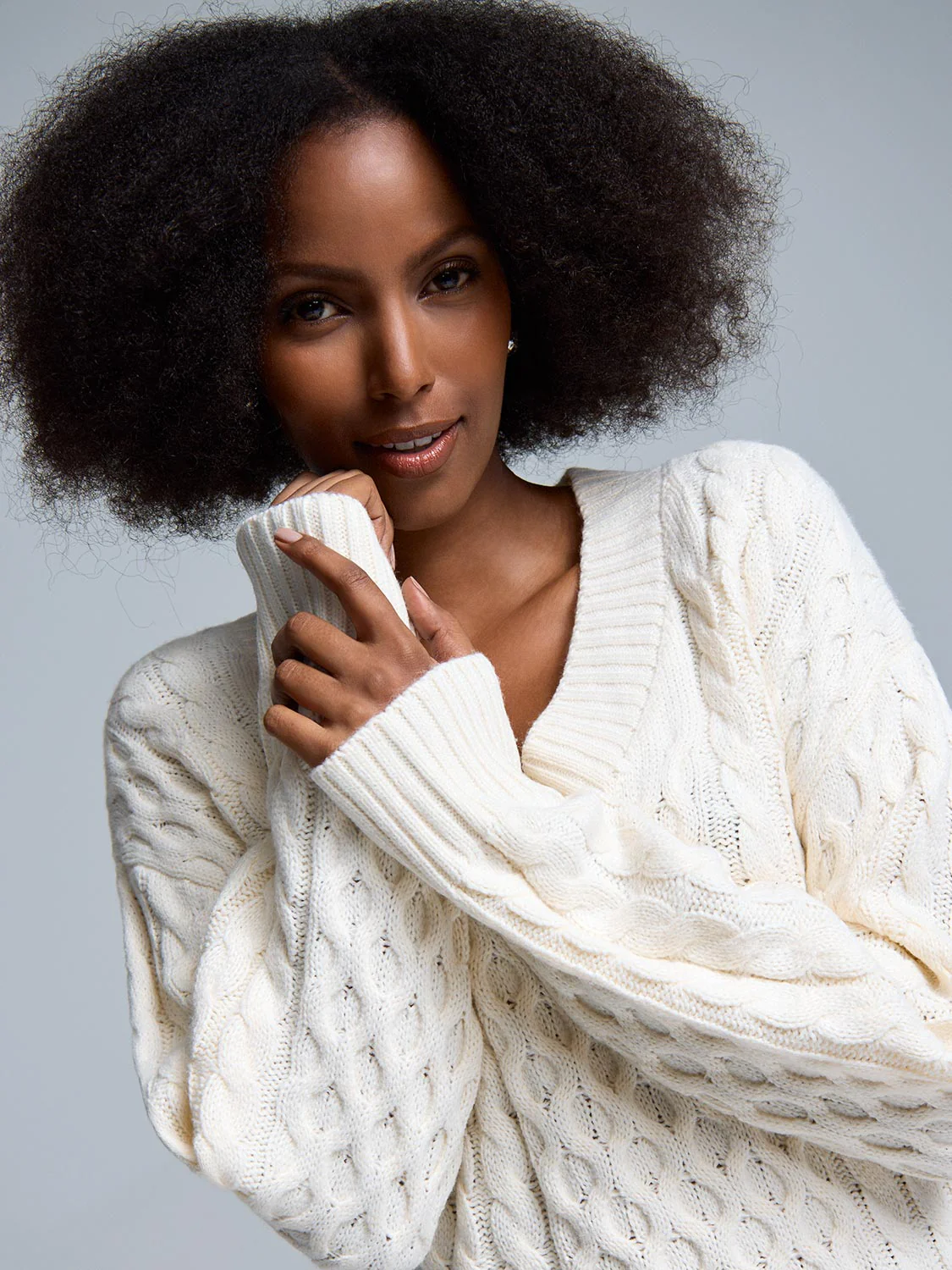 V-Neck Cable Knit Sweater - Image 2