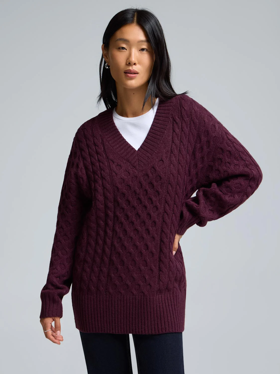 V-Neck Cable Knit Sweater - Image 8