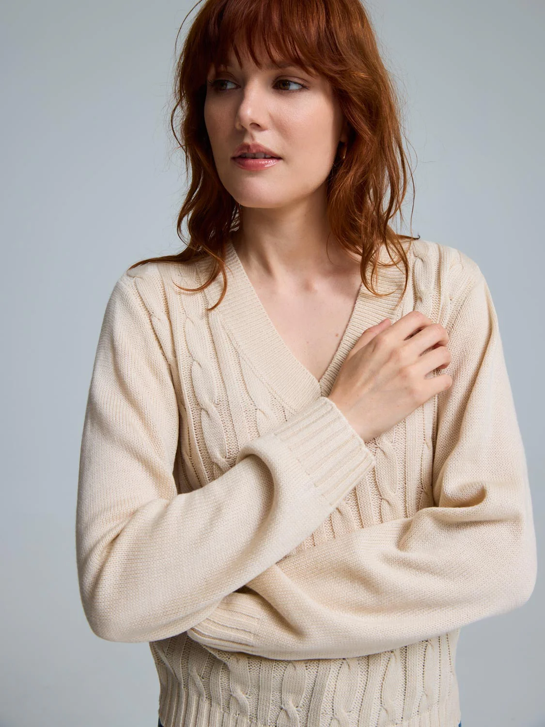 V-Neck Cable Knit Front Sweater - Image 5