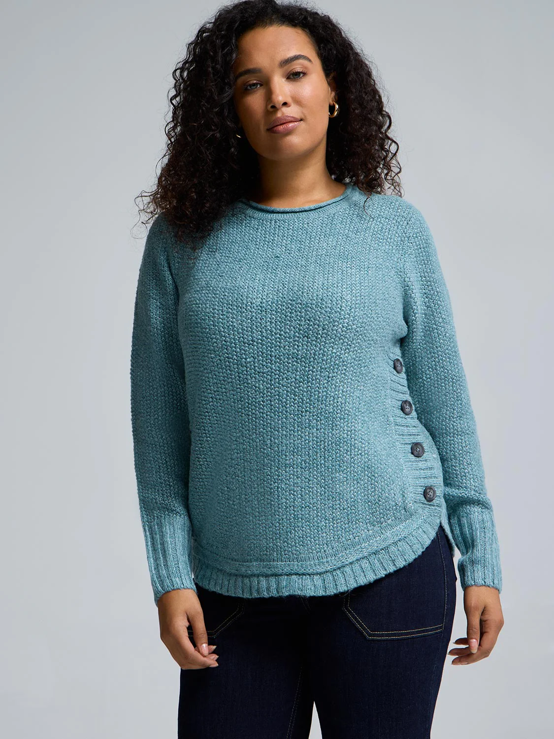 Button-Detail Rounded Hem Sweater - Image 10