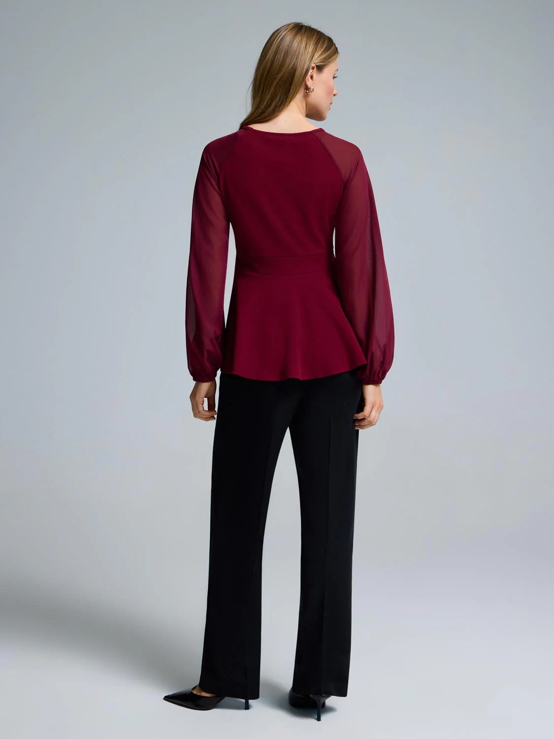 Chiffon Sleeve Belted Peplum Top - Image 3