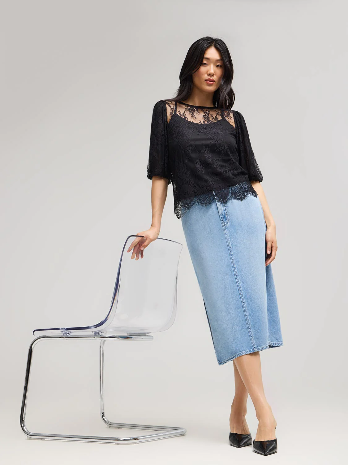 Lace Balloon Sleeve Top With Cami - Image 3