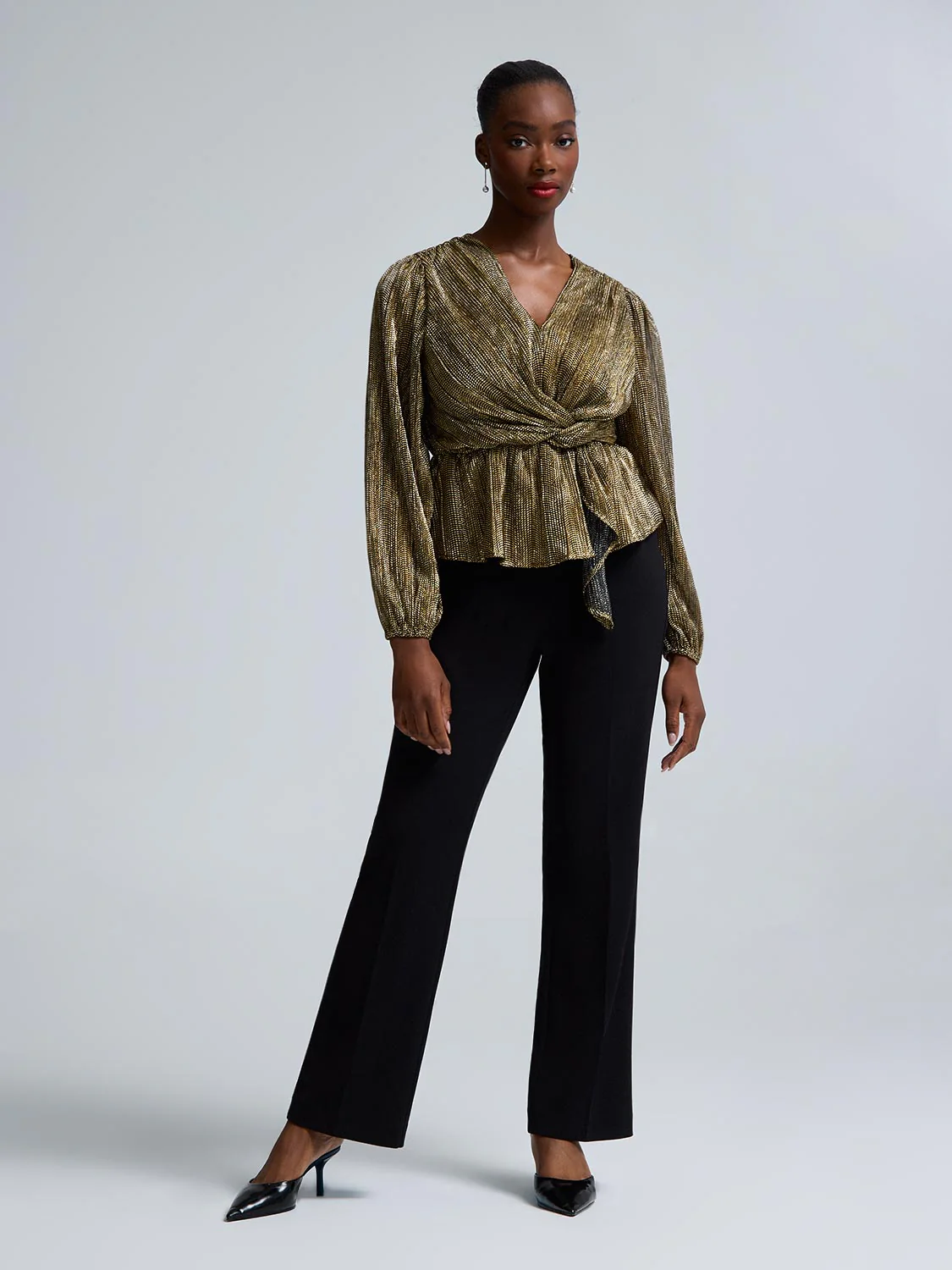 Foil Mesh Sleeve Peplum Top - Image 4