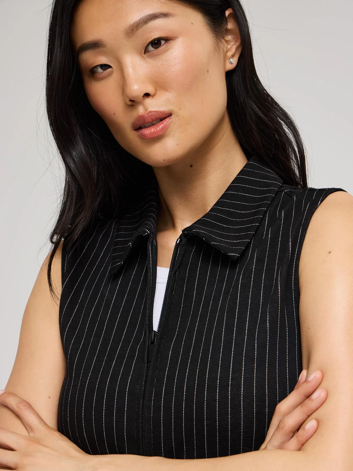 Sleeveless Pinstripe Johnny Collar Top - Image 3