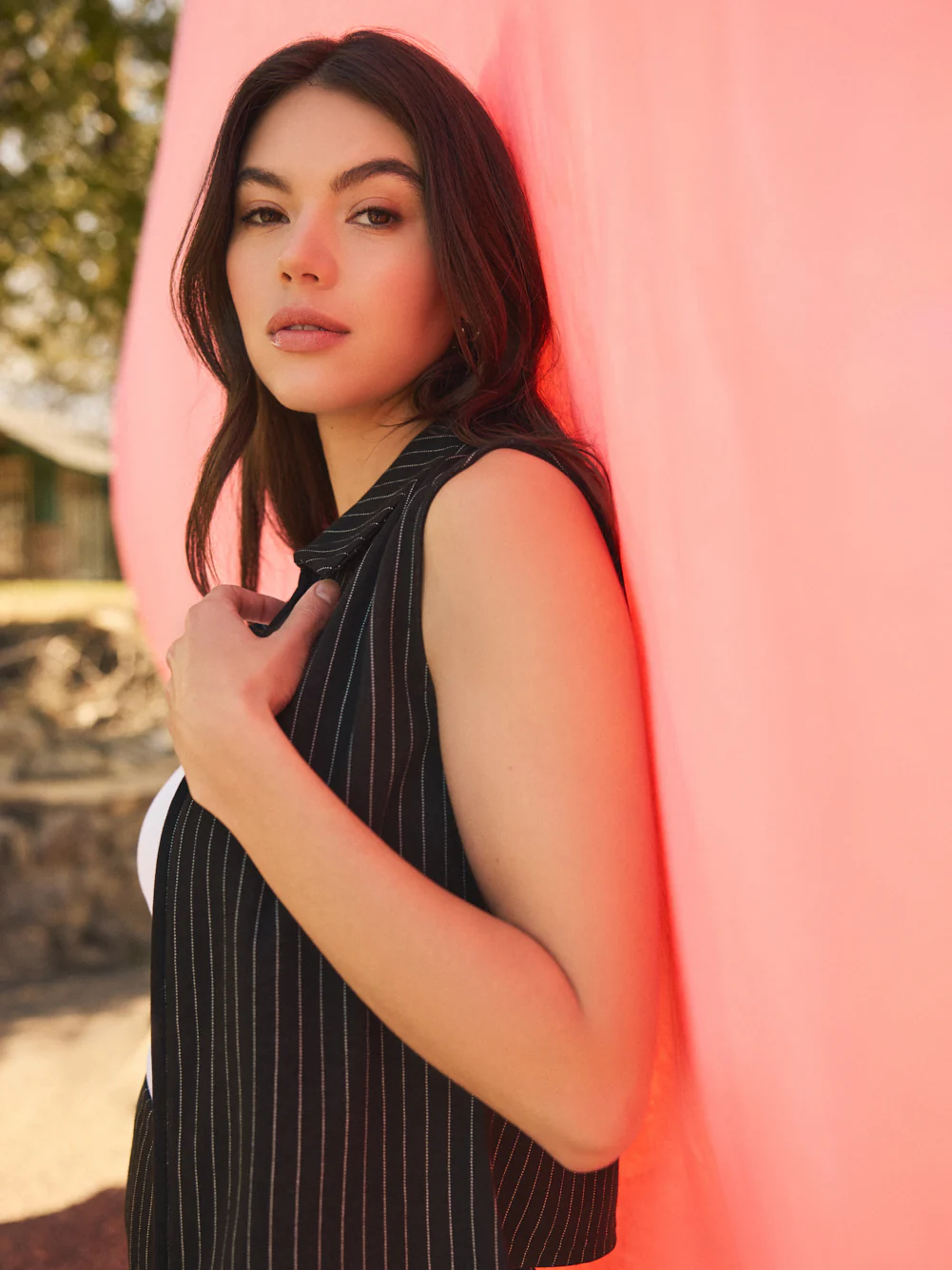 Sleeveless Pinstripe Johnny Collar Top - Image 4