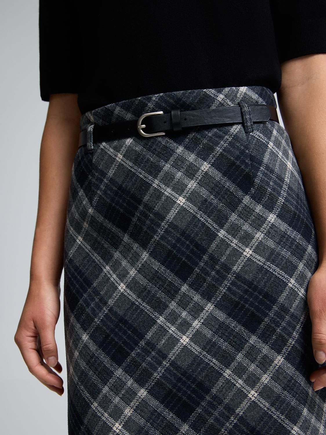 Midi Plaid Skirt With Belt - Image 4
