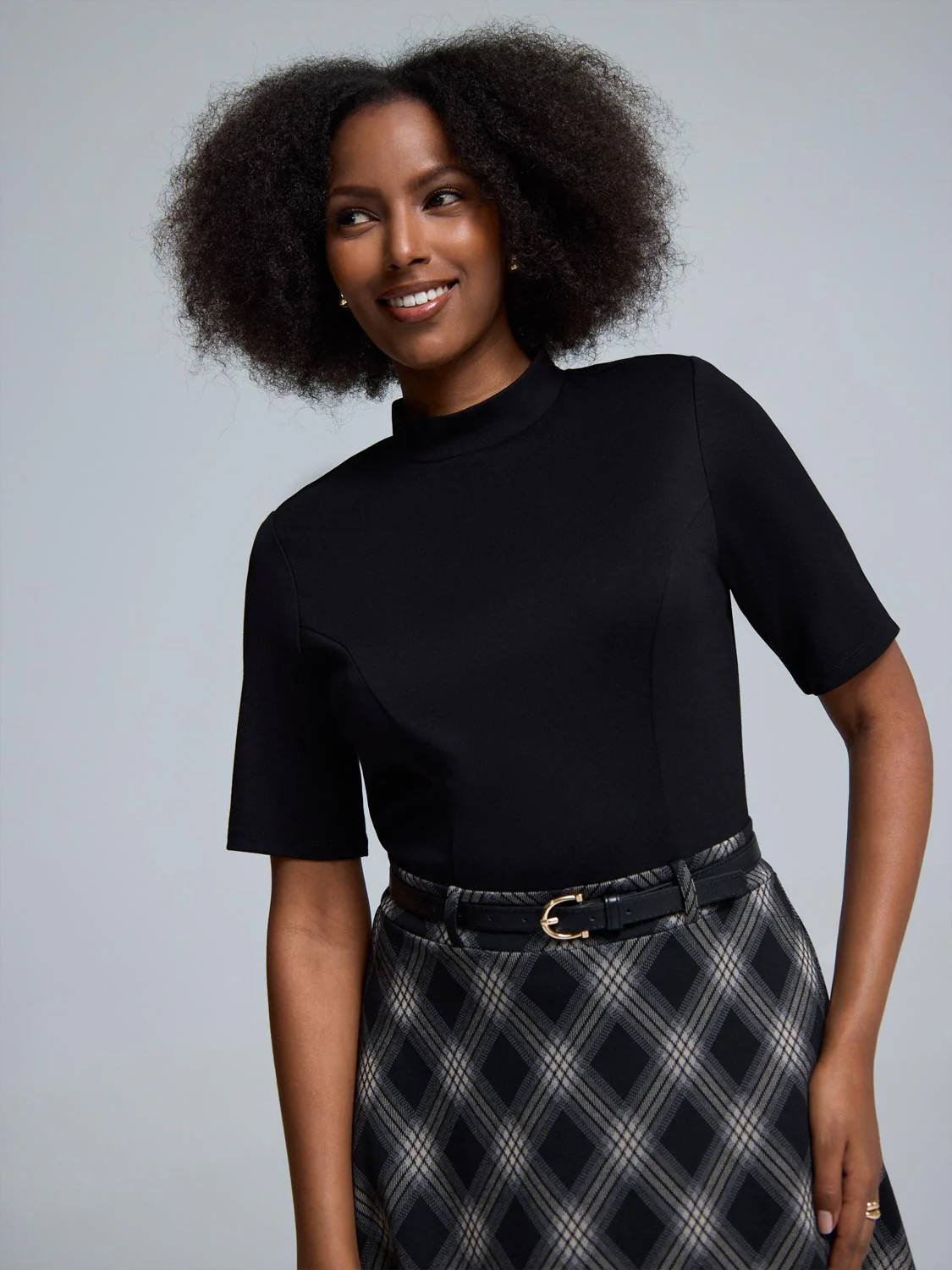 2-Fer Mock Neck Plaid Midi Dress - Image 2