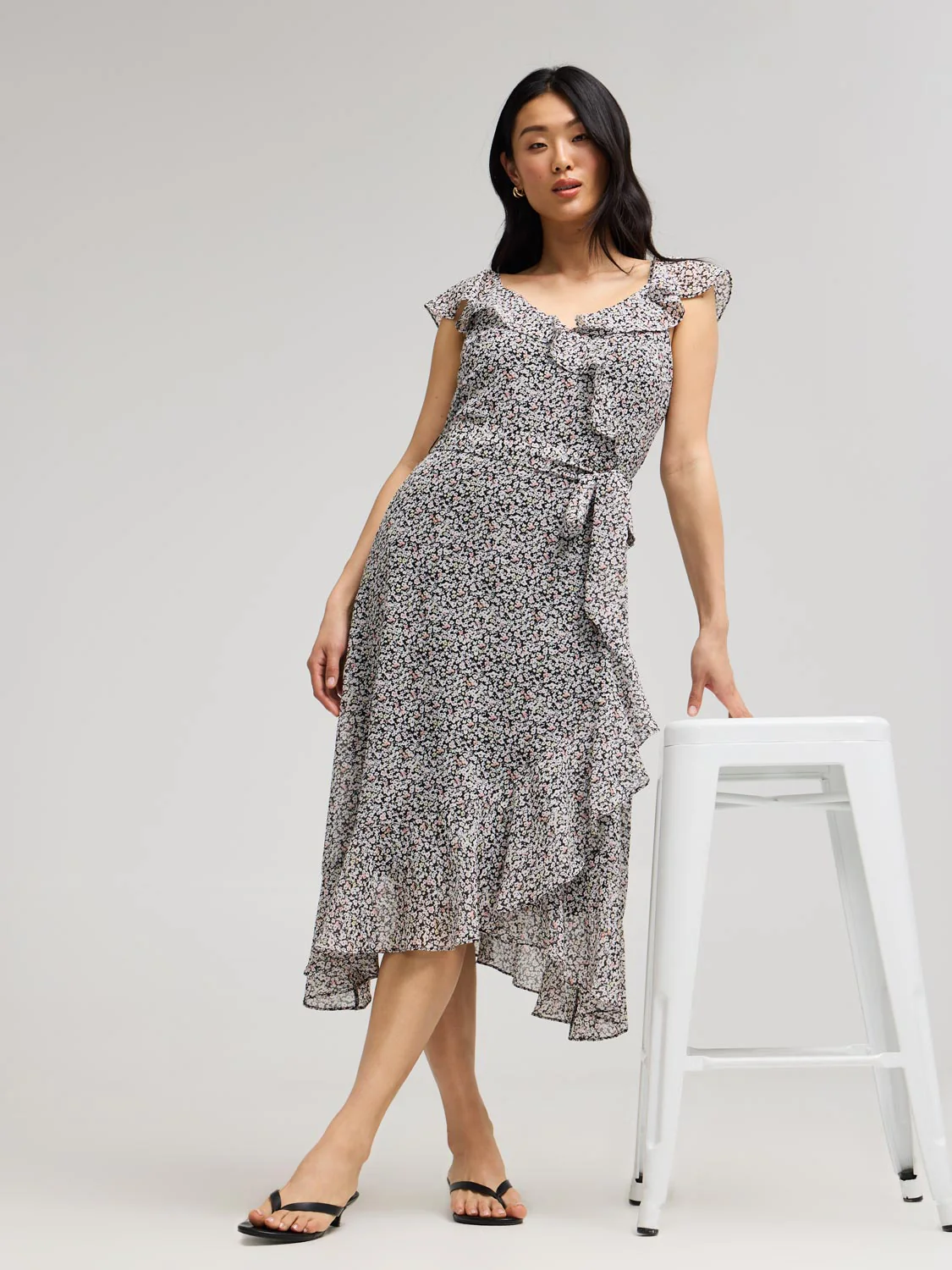 Ditsy Floral Ruffle Wrap Front Chiffon Dress - Image 3