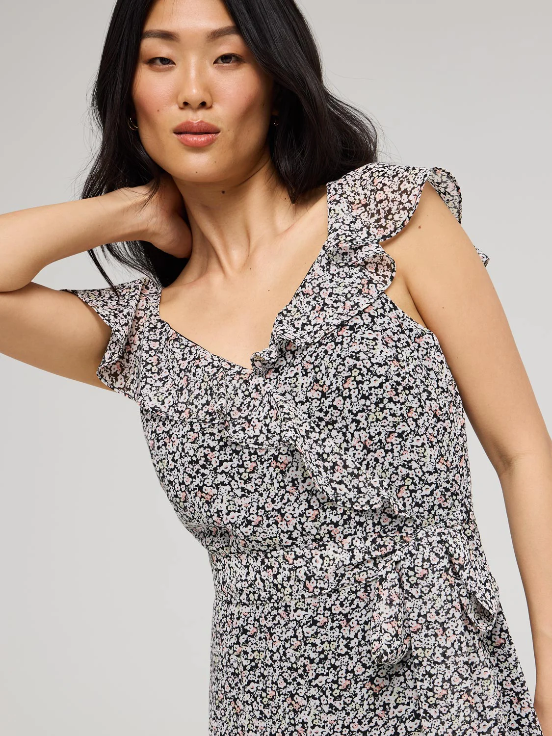 Ditsy Floral Ruffle Wrap Front Chiffon Dress - Image 5