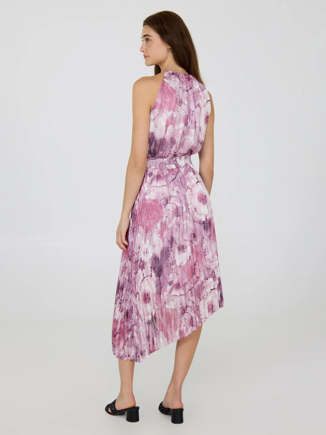 Halter Pleated Asymmetrical Floral Dress - Image 2