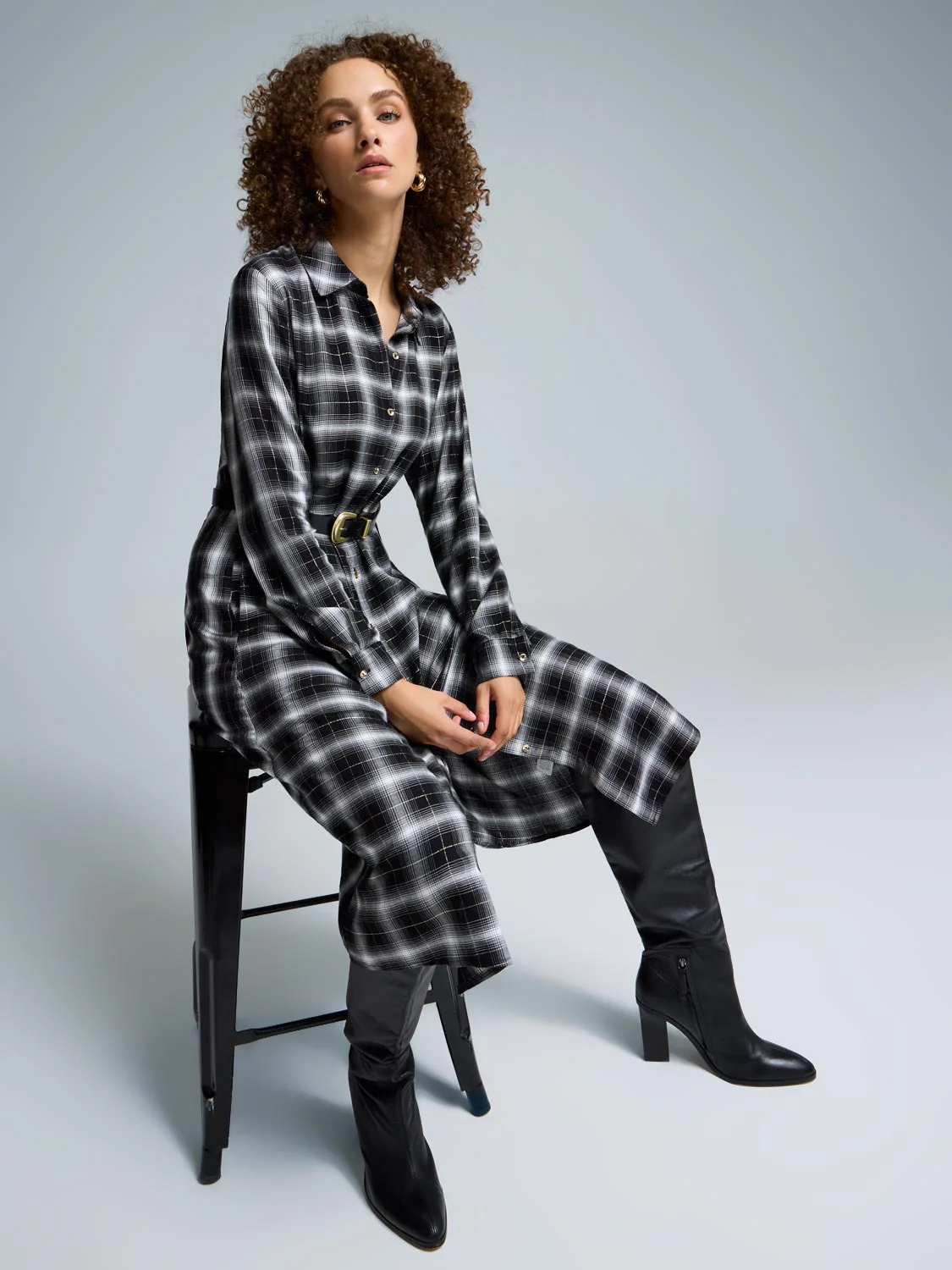Belted Plaid Shirt Dress - Image 3