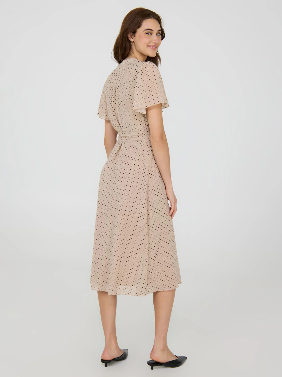 Polka Dot Split Neck Chiffon Midi Dress - Image 2