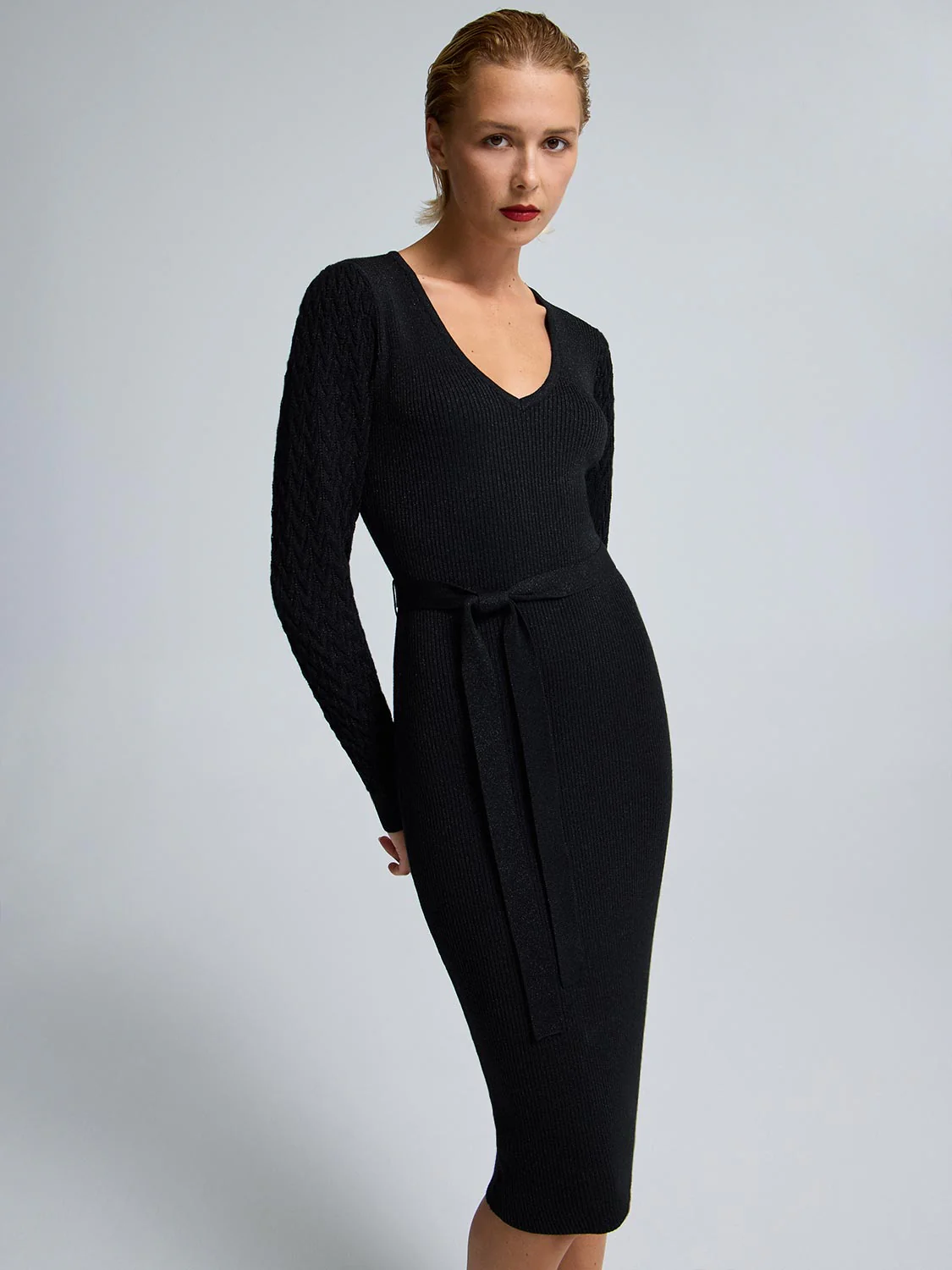 V-Neck Metallic Midi Sweater Dress - Image 2