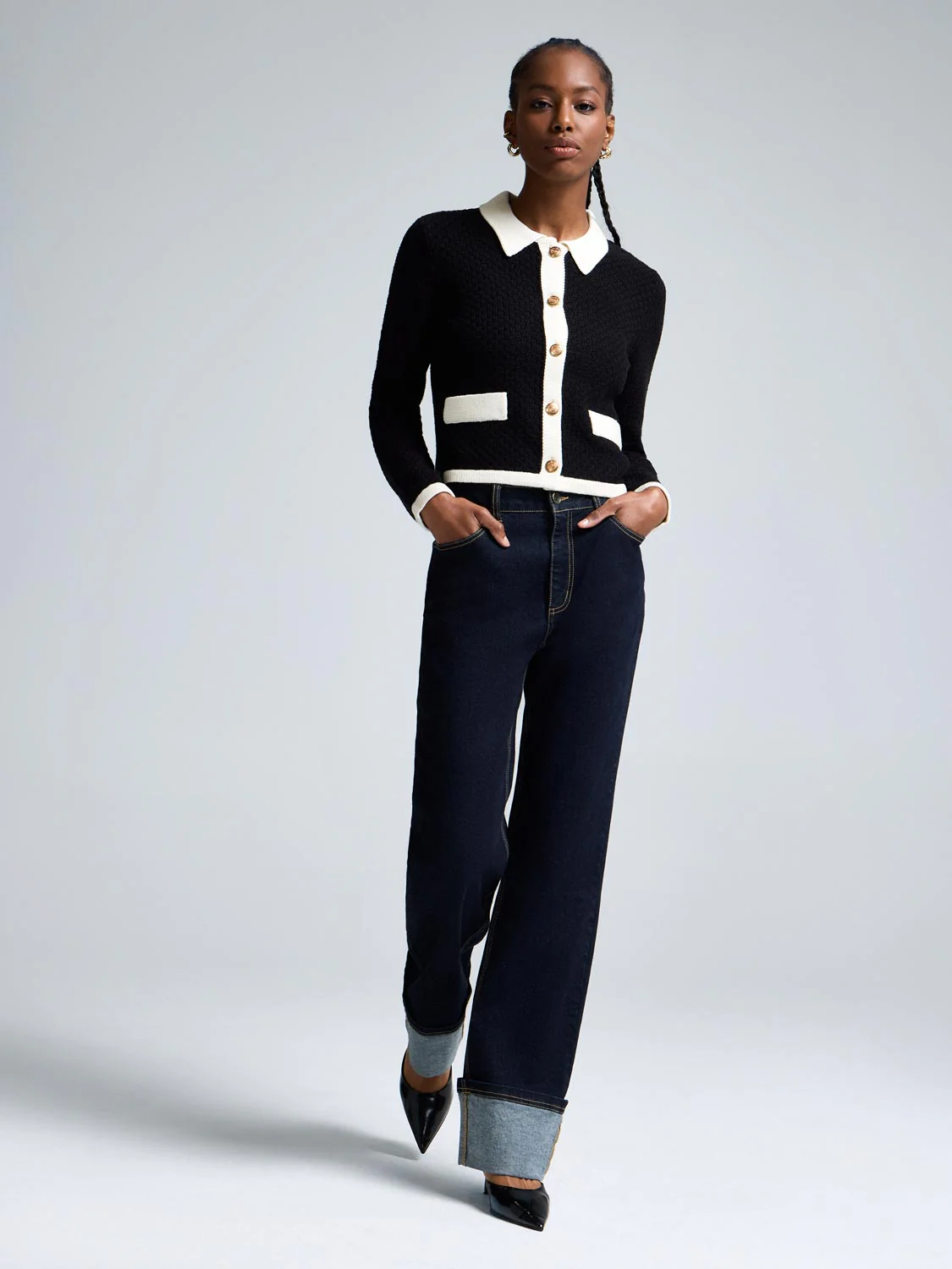 Contrast Collared Basketweave Cardigan - Image 4