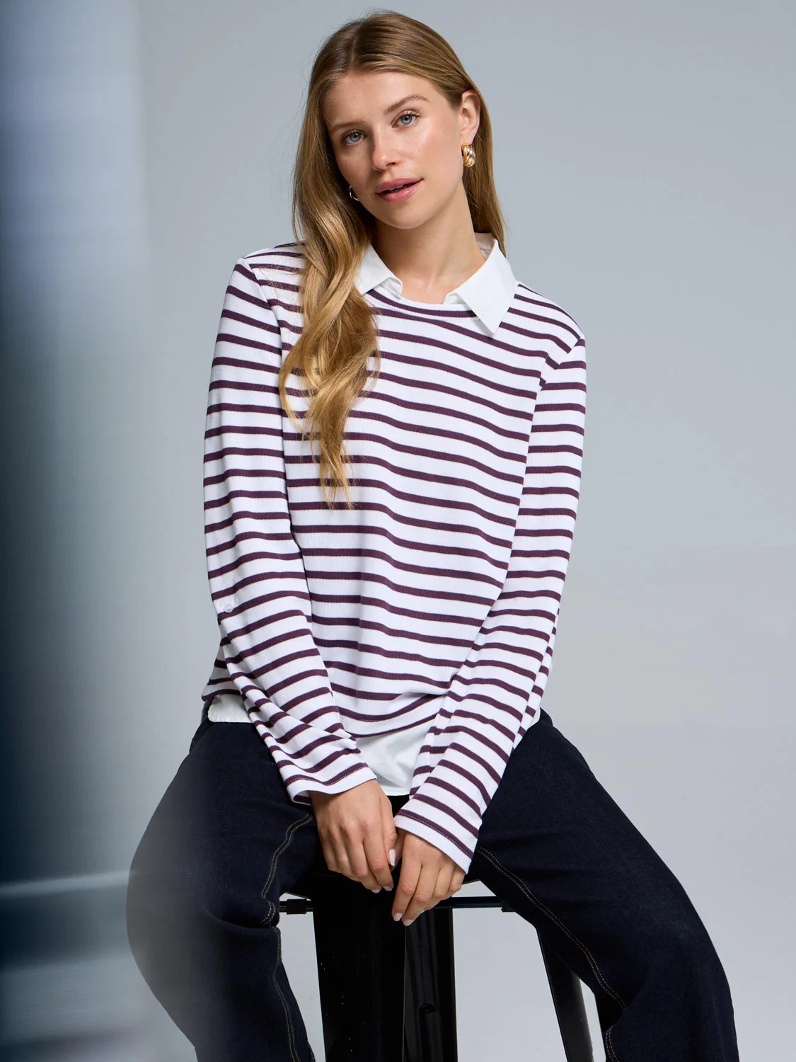 2-Fer Striped Sweater With Cotton Blouse - Image 3