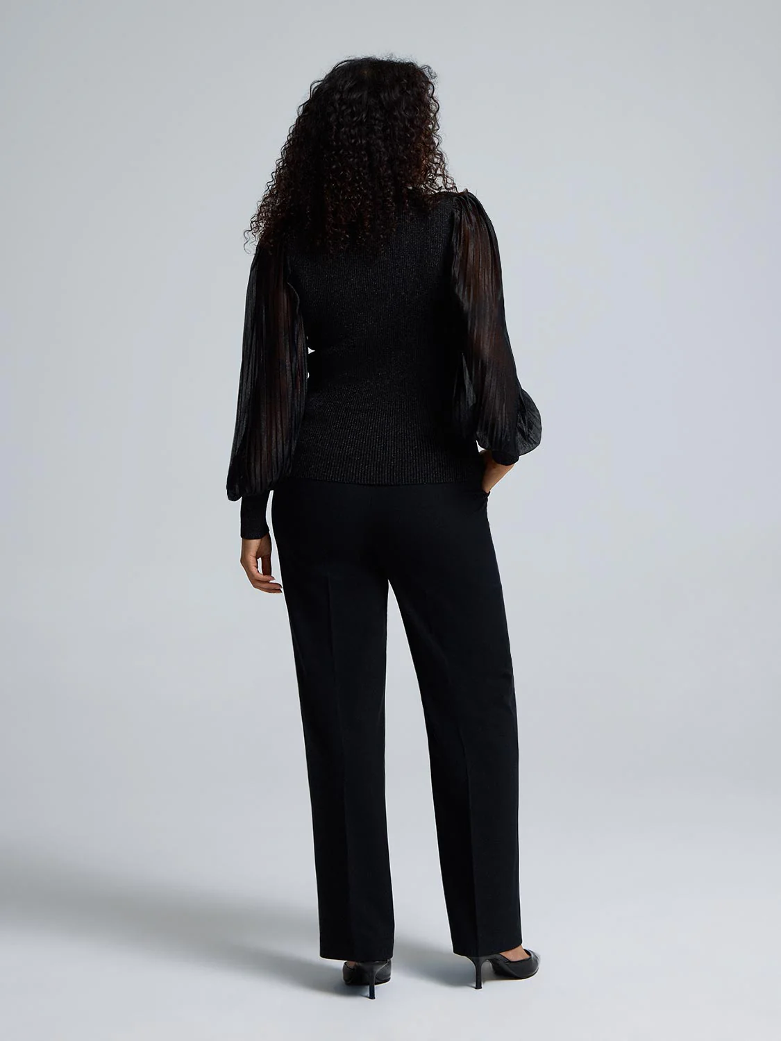 Metallic Plisse Sleeve Mock Neck Top - Image 4