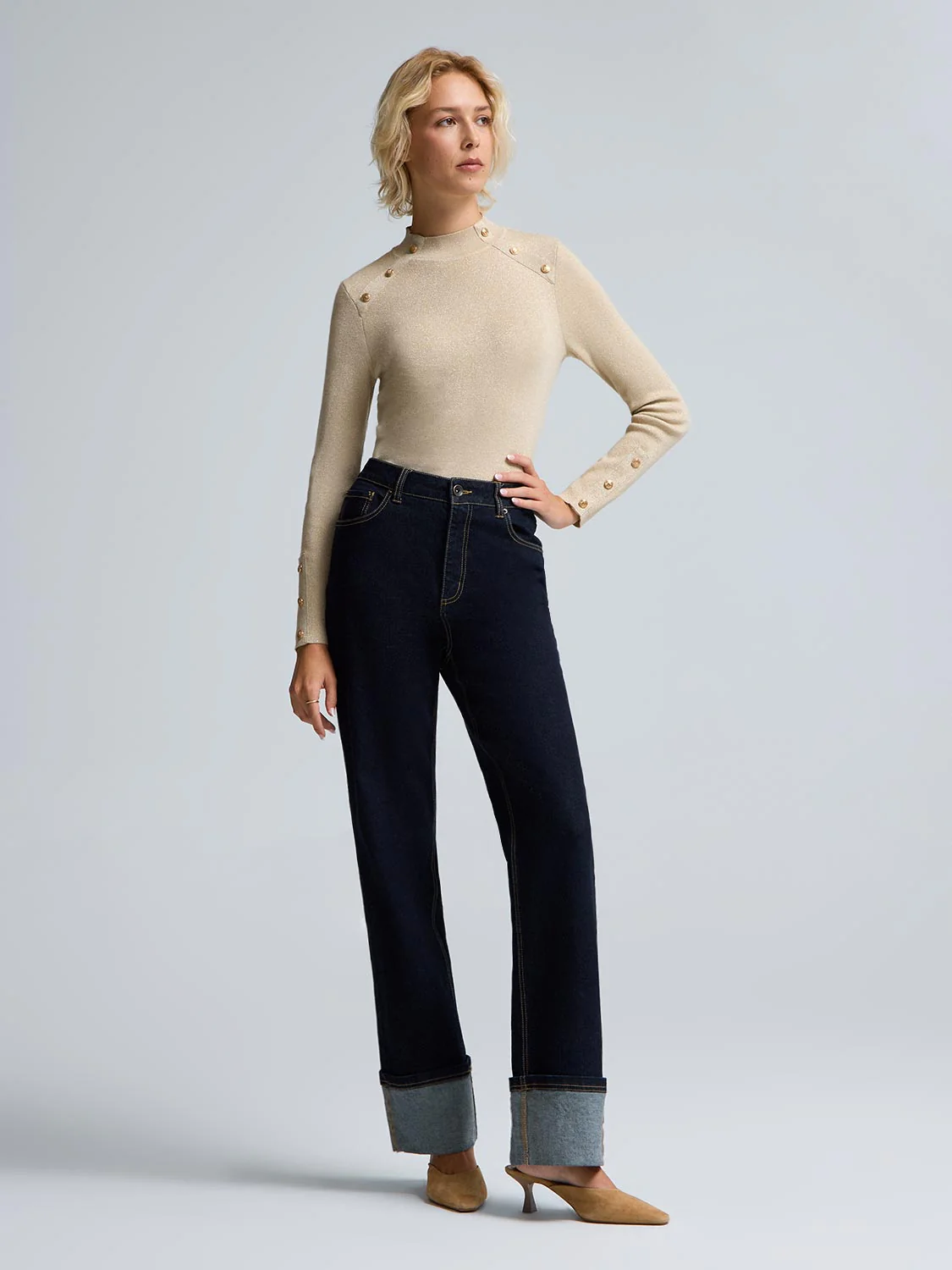 Button Detail Mock Neck Metallic Sweater - Image 3