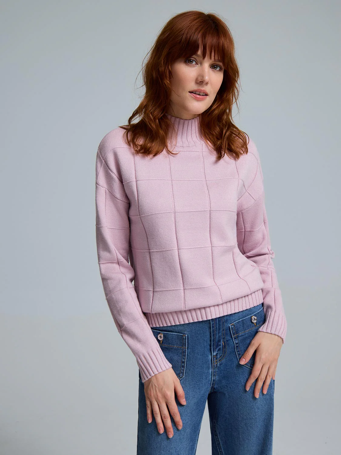 Square Pattern Mock Neck Sweater - Image 2