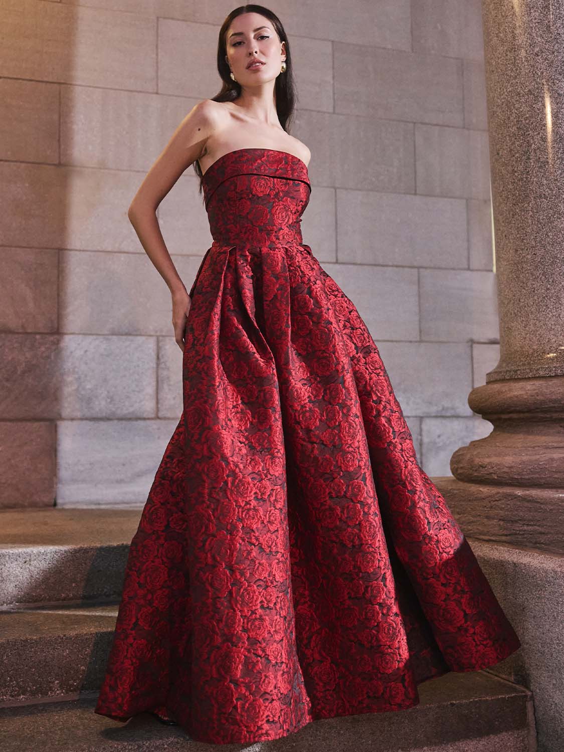 Strapless Jacquard Floral Ball Gown