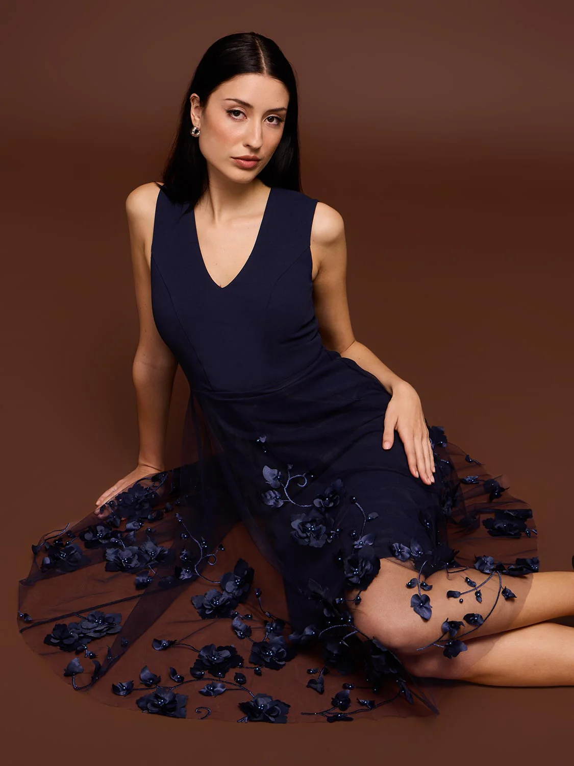 Fit & Flare Midi Dress With Floral & Pearl Appliqués - Image 5