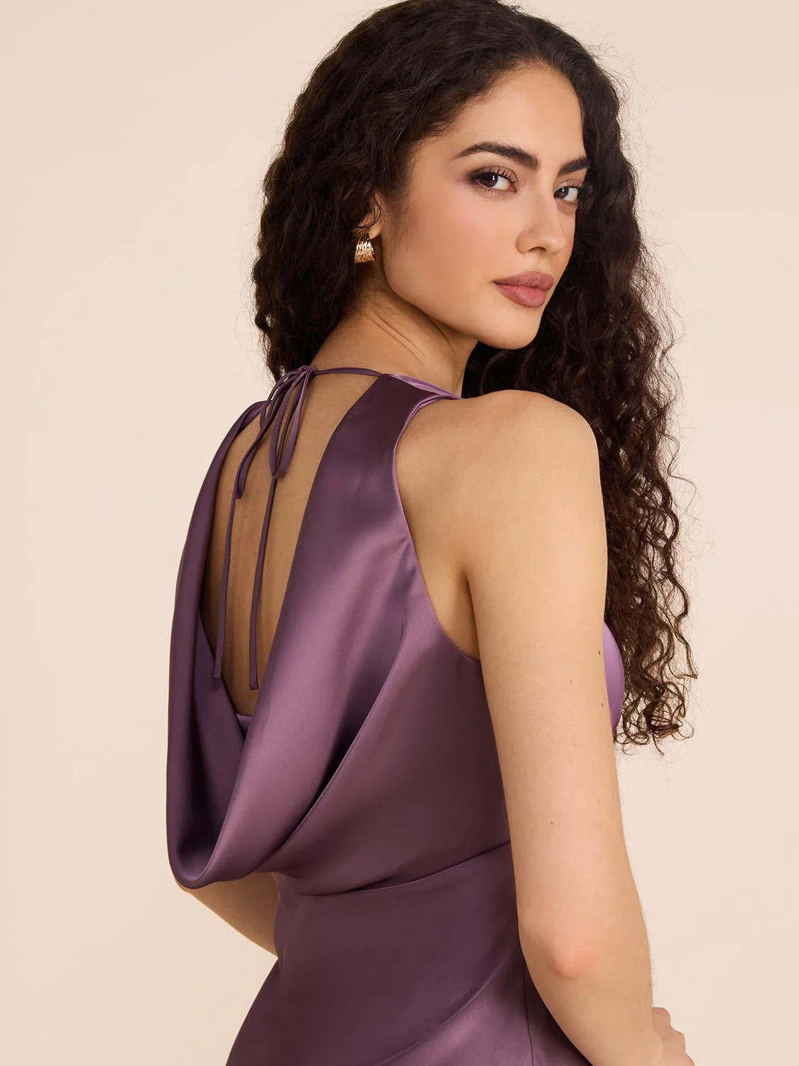 V-Neck Satin Dress With Cowl Back - Image 4