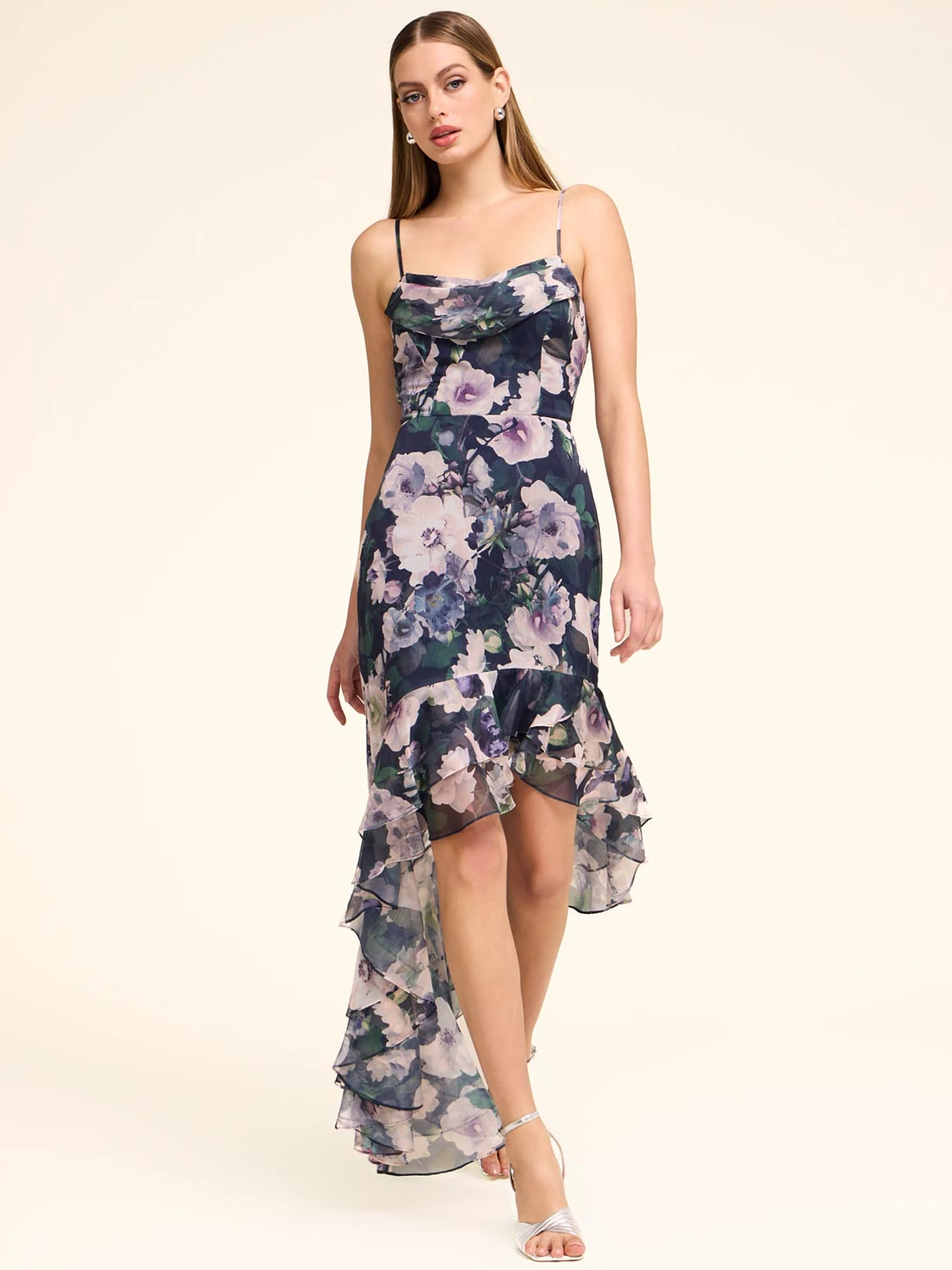 Floral Dress With Asymmetrical Ruffle Hem - Image 3