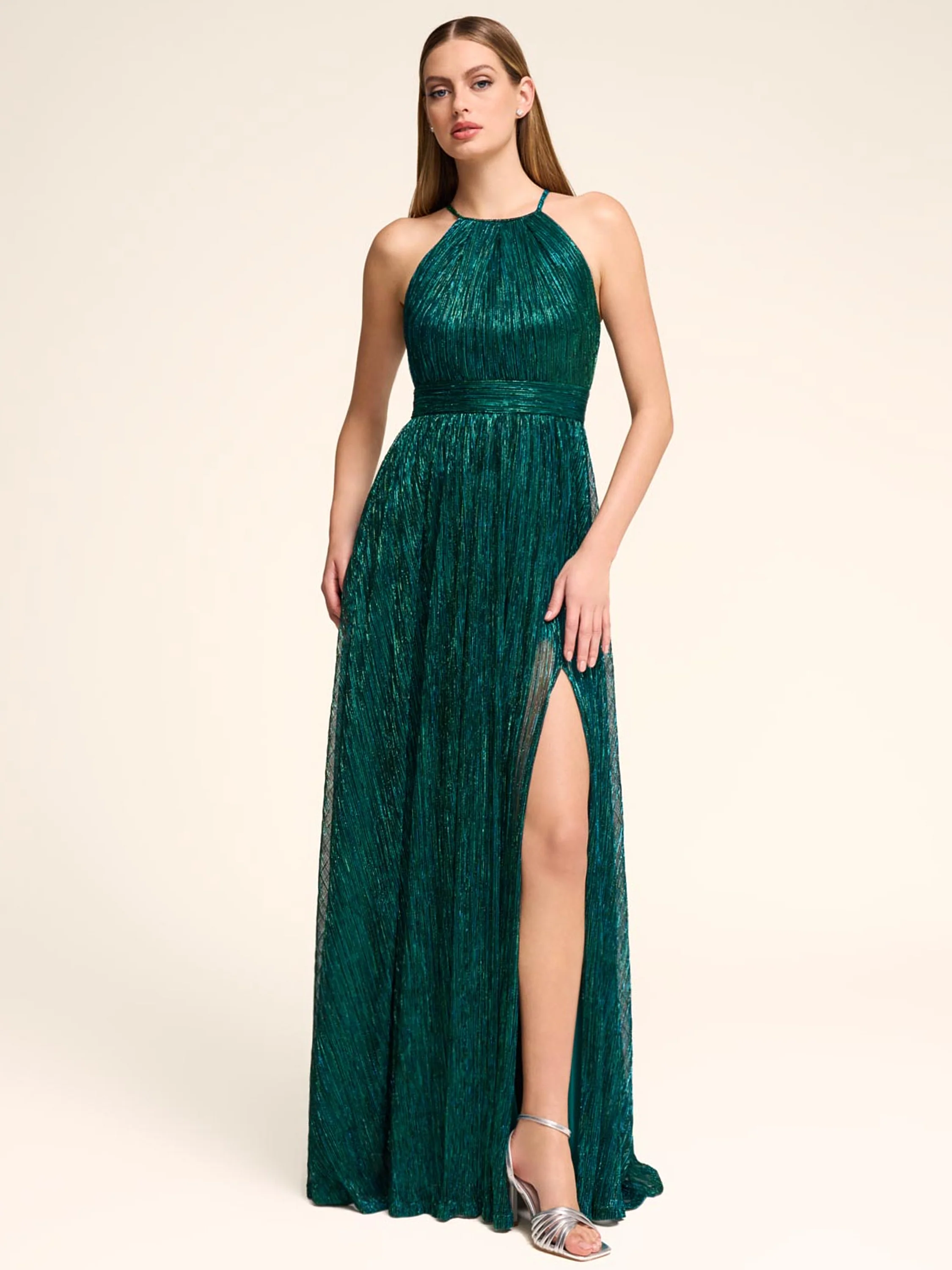 Metallic Crinkle Knit Halter Neck Gown - Image 4