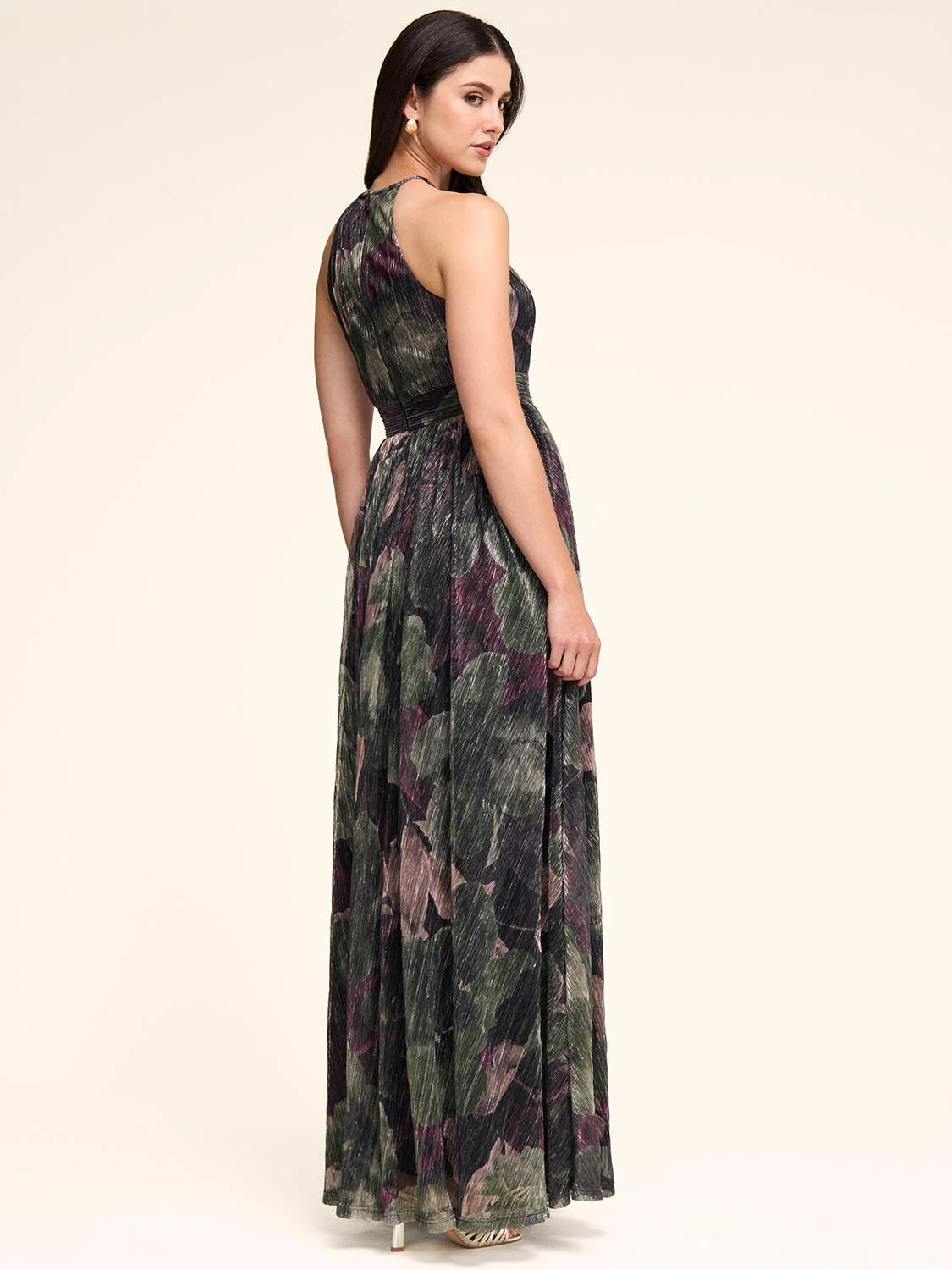 Floral Metallic Crinkle Knit Halter Neck Gown - Image 3
